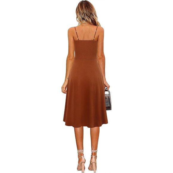 🆕Women’s Brown Cotton Spaghetti Strap Button Down A-Line Midi Beach Sundress - Picture 2 of 7